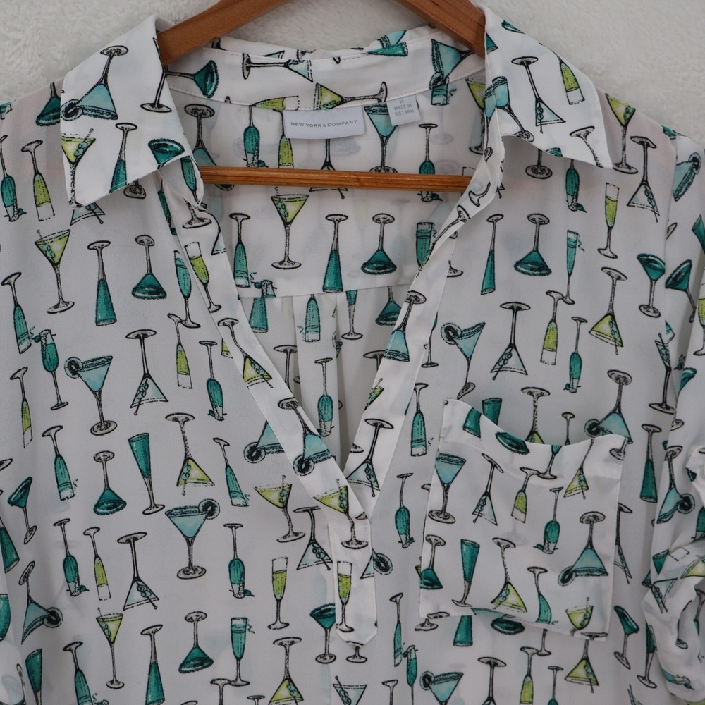 New York & Company Cocktail Print Button Top Womens Size M White Roll Tab Sleeve - Picture 2 of 12